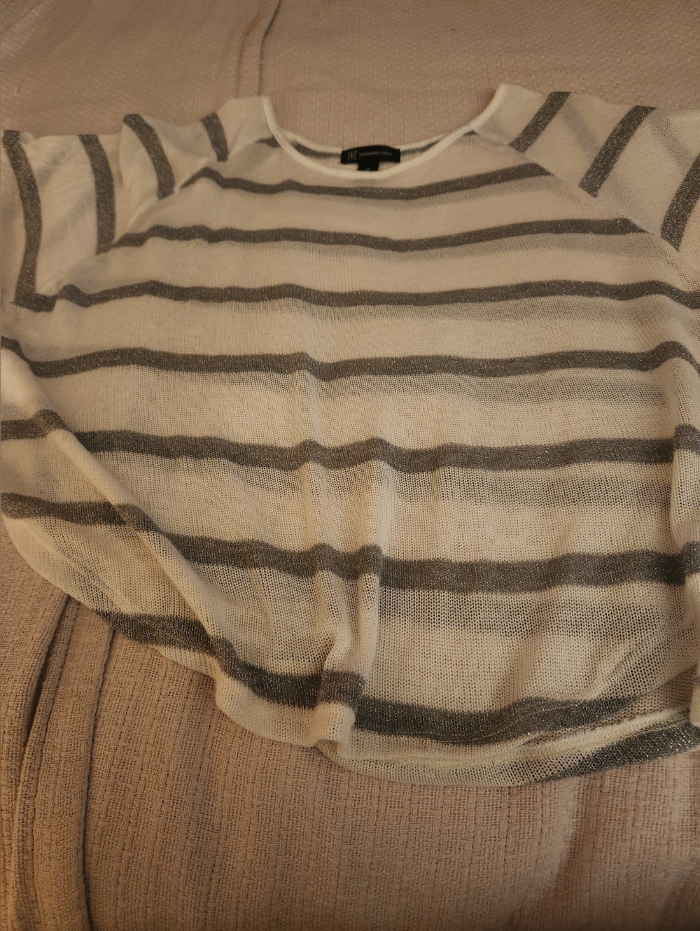 INC International Concepts Cream Sweater with Metallic Gray Stripes